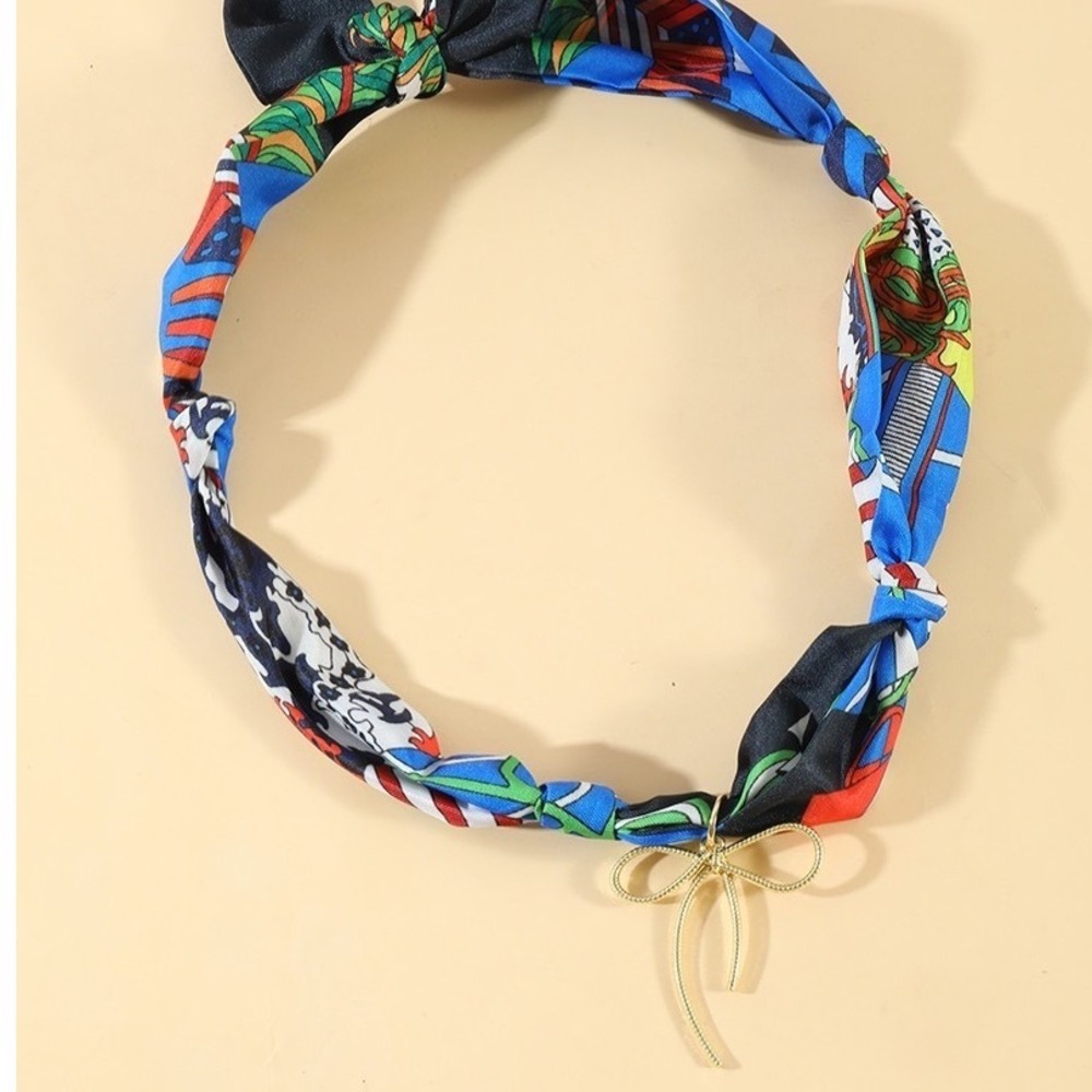 302.Blue Geometric Floral Scarf with Gold Bow Pendant Jewelry Boho Adjustable
